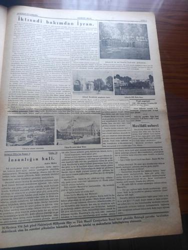 Hakimiyeti Milliye Gazetesi - Turkish Newspaper - 20 Haziran 1934 - İran Şahinşahı hazretlerinin Ankara'da geçirdikleri dördüncü gün - İran şahı Dün halkevinde tertip edilen öz soy piyesini Gazi Mustafa Kemal Atatürk hazretleri ile beraber seyrettiler Fotoğrafı - İsmetpaşa kız enstitüsü'nde  muallimler Şahinşah hazretlerine takdim edildi fotoğraf - Öz soy piyesinden bir sahne fotoğraf - Amerika'nın alacakları - Hitler Mussolini'yi berline davet etti - Japonya ve Sovyetler hakkında - muhafız bisikletçileri Urfa'ya vardılar - memleket postası - Roman insanlığın hali yazan Andre Malro Yazı Dizisi - iktisadi bakımından İran - Şahinşah hazretlerinin saraylarının kapısı Fotoğrafı - Tahran'da Milli meclis binası Fotoğrafı - Bizim Akdeniz yazan Falih Rıfkı Atay - gece yarısı kulübü Clive Brook tarafından - ben fahişe miyim filmi yeni sinemada - 20000 senelik kürek mahkumları filmi kulüp sinemasında - teyyare piyangosu büyük ikramiye 50000 liradır -  On Yıl şapka