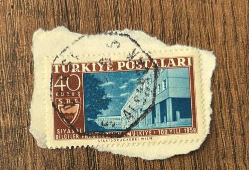Türk Pulu - Turkish Stamp - Mektup Zarfından Kesilmiş / Postadan Geçmiş Pul Filateli - DAMGALI - SİYASAL BİLGİLER FAKÜLTESİNİN (MÜLKİYE) 100.YILI 1959 TEMALI PUL, 40 KURUŞ - Türkiye Cumhuriyeti - NOSTALJİK DOĞUM GÜNÜ HEDİYESİ