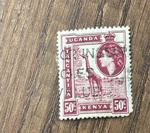 Kenya - Uganda - Tanzanya Pulu - Kenya - Uganda -Tanganyika Stamp -Postadan Geçmiş Pul Filateli - Damgalı -  Kraliçe II. Elizabeth'in Ziyareti - Zürafa temalı pul , 50 PARA - YABANCI PULLAR -NOSTALJİK DOĞUM GÜNÜ HEDİYESİ