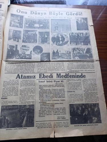 Tan Gazetesi - Turkish Newspaper - 22 İkinciteşrin (Kasım) 1938 - Atamız ebedi medfeninde - ulu önder Atatürk'ün cenazesi Ankara'da görülmemiş muazzam merasimle kaldırıldı - Reisicumhur İsmet İnönü tarihi bir beyanname neşretti - Atatürk'ün Mukaddes tabutunu hıçkıra hıçkıra götüren mebuslar Fotoğrafı - İsmet İnönü diyor ki milletimizin fedakar hadimi eşsiz Atatürk millet sana minnettardır - İstanbul dün Şefin Aziz hatırası önünde tek kalp halinde ağladı Fotoğrafı - gidiyor şiiri yazan Orhan Seyfi Orhon - onu ebediyete yolculamaya gelen kıymetli çocukları ve Sakarya kızları Fotoğrafı - değmez bu dünya yazan Burhan Felek - Atatürk'ü Dünya böyle gördü fotoğraflar - Atatürk için yazılan şiirler -  Atatürk'ün cenaze merasimi yarından itibaren Melek sinemasında - Ankara'daki merasimden hazin levhalar fotoğraflar - İngiliz mareşali Atatürk'ün cenazesi için geliyor - Atam gitti şiiri yazan Hikmet Turhan Dağlıoğlu - Batan mavi güneş şiiri yazan H.Nadir Kızılok -10 Kasım 1938