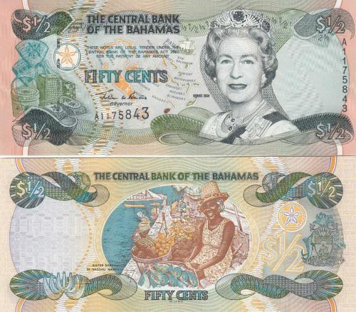 BAHAMA 50 CENT, 1/2 DOLAR, 2001, P#68, KRALİÇE, II. ELİZABETH, ÇİL, ESKİ YABANCI KAĞIT PARA