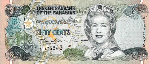 BAHAMA 50 CENT, 1/2 DOLAR, 2001, P#68, KRALİÇE, II. ELİZABETH, ÇİL, ESKİ YABANCI KAĞIT PARA