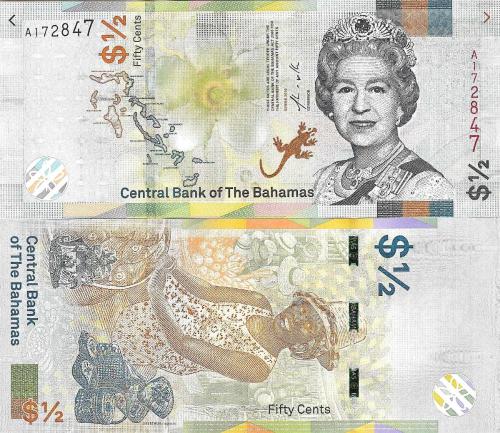 BAHAMA 50 CENT, 1/2 DOLAR, 2019, P#A77, ÇİL, KRALİÇE, II. ELİZABETH, ESKİ YABANCI KAĞIT PARA
