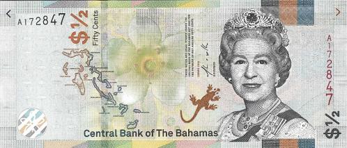 BAHAMA 50 CENT, 1/2 DOLAR, 2019, P#A77, ÇİL, KRALİÇE, II. ELİZABETH, ESKİ YABANCI KAĞIT PARA