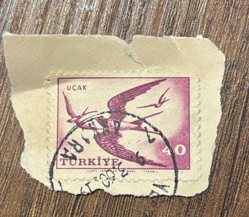 Türk Pulu - Turkish Stamp -  Mektup Zarfından Kesilmiş /Postadan Geçmiş Pul Filateli - DAMGALI - KIRLANGIÇ KUŞLARI TEMALI PUL,  40 PARA - Türkiye Cumhuriyeti - NOSTALJİK DOĞUM GÜNÜ HEDİYESİ