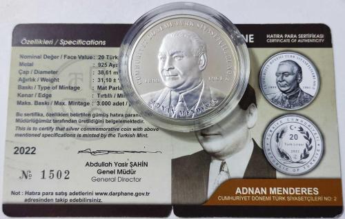 Türk Siyasetçileri Serisi No:2  Adnan Menderes Hatıra Parası Gümüş..