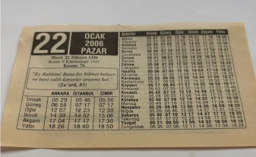 22 Ocak 2006-Orijinal Takvim Yaprağı-Doğum Günü-Söz,Nişan,Nikâh,Düğün ve Önemli Günler Hediyesi-ERAŞ Hizmet Takvimi-Ayet,Hadis (Kasım:76)-(Şu'ara,83)-Sarhoşların Dikkatine-Vecizeler-Çocuğunuza İsim-Erkek:İshak,Kız:İpek