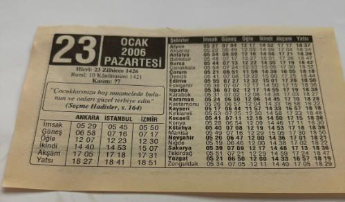 23 Ocak 2006-Orijinal Takvim Yaprağı-Doğum Günü-Söz,Nişan,Nikâh,Düğün ve Önemli Günler Hediyesi-ERAŞ Hizmet Takvimi-Ayet,Hadis (Kasım:77)-(Seçme Hadisler,s.164)-Mut'a Nikahı-İtibar ve Karakter-Çocuğunuza İsim-Erkek:İskender,Kız:İffet
