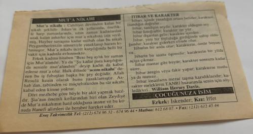 23 Ocak 2006-Orijinal Takvim Yaprağı-Doğum Günü-Söz,Nişan,Nikâh,Düğün ve Önemli Günler Hediyesi-ERAŞ Hizmet Takvimi-Ayet,Hadis (Kasım:77)-(Seçme Hadisler,s.164)-Mut'a Nikahı-İtibar ve Karakter-Çocuğunuza İsim-Erkek:İskender,Kız:İffet