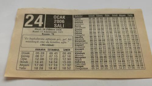 24 Ocak 2006-Orijinal Takvim Yaprağı-Doğum Günü-Söz,Nişan,Nikâh,Düğün ve Önemli Günler Hediyesi-ERAŞ Hizmet Takvimi-Ayet,Hadis (Kasım:78)-(Mevlana)-İsa Aleyhisselam'ın Müjdesi!-Çocuğunuza İsim-Erkek:İzzet,Kız:İzel