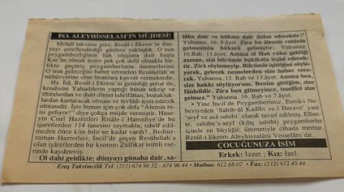 24 Ocak 2006-Orijinal Takvim Yaprağı-Doğum Günü-Söz,Nişan,Nikâh,Düğün ve Önemli Günler Hediyesi-ERAŞ Hizmet Takvimi-Ayet,Hadis (Kasım:78)-(Mevlana)-İsa Aleyhisselam'ın Müjdesi!-Çocuğunuza İsim-Erkek:İzzet,Kız:İzel