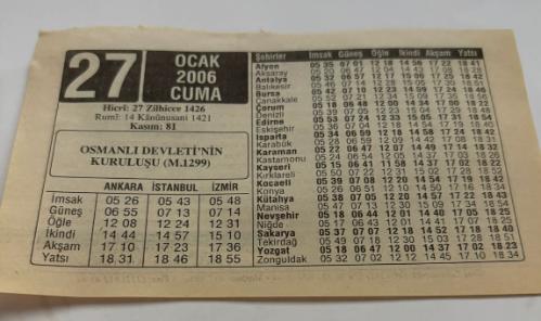27 Ocak 2006-Orijinal Takvim Yaprağı-Doğum Günü-Söz,Nişan,Nikâh,Düğün ve Önemli Günler Hediyesi-ERAŞ Hizmet Takvimi-Ayet,Hadis (Kasım:81)-OSMANLI DEVLETİ'NİN KURULUŞU(M.1299)-Süt-Çocuğunuza İsim-Erkek:Halil,Kız:Hale