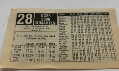 28 Ocak 2006-Orijinal Takvim Yaprağı-Doğum Günü-Söz,Nişan,Nikâh,Düğün ve Önemli Günler Hediyesi-ERAŞ Hizmet Takvimi-Ayet,Hadis (Kasım:82)-IV.Halife Hz.Ali(r.a.)'nin Şehid Edilmesi(M.661)-Sağlıklı Gıda Tüketiminin Kuralları-Çocuğunuza İsim-Erkek:,Halim,Kız:Halime