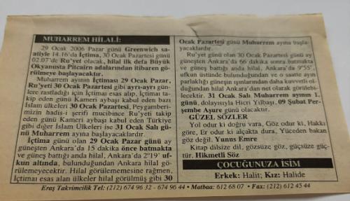 30 Ocak 2006-Orijinal Takvim Yaprağı-Doğum Günü-Söz,Nişan,Nikâh,Düğün ve Önemli Günler Hediyesi-ERAŞ Hizmet Takvimi-Ayet,Hadis (Kasım:84)-Greenwich saatiyle 02.07'de Ru'yet olacak,Hilal ilk defa Büyük Okyanusta Pitcairn adalarından itibaren görülmeye başlayacaktır.-Zamherir'in Sonu-Muharrem Hilali-Güzel Sözler-Çocuğunuza İsim-Erkek:Halit,Kız:Halide