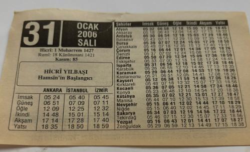 31 Ocak 2006-Orijinal Takvim Yaprağı-Doğum Günü-Söz,Nişan,Nikâh,Düğün ve Önemli Günler Hediyesi-ERAŞ Hizmet Takvimi-Ayet,Hadis (Kasım:85)-HİCRİ YILBAŞI Hamsin'in Başlangıcı-Bugün Hicri Yılbaşı-İyi Bir Şey Olsaydı Cennetten Çıkmazdı-Çocuğunuza İsim-Erkek:Halil,Kız:Halime