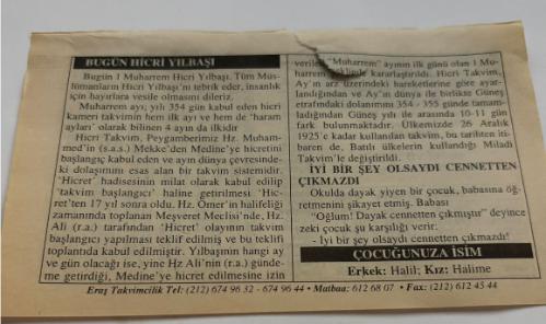 31 Ocak 2006-Orijinal Takvim Yaprağı-Doğum Günü-Söz,Nişan,Nikâh,Düğün ve Önemli Günler Hediyesi-ERAŞ Hizmet Takvimi-Ayet,Hadis (Kasım:85)-HİCRİ YILBAŞI Hamsin'in Başlangıcı-Bugün Hicri Yılbaşı-İyi Bir Şey Olsaydı Cennetten Çıkmazdı-Çocuğunuza İsim-Erkek:Halil,Kız:Halime