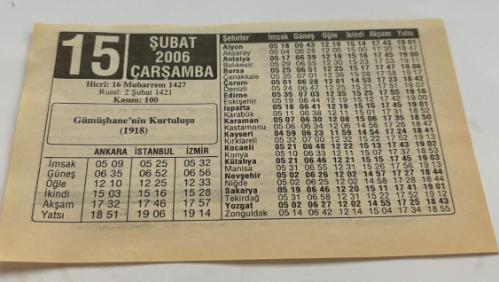 15 Şubat 2006-Orijinal Takvim Yaprağı-Doğum Günü-Söz,Nişan,Nikâh,Düğün ve Önemli Günler Hediyesi-ERAŞ Hizmet Takvimi-Ayet,Hadis (Kasım:100)-Gümüşhane'nin Kurtuluşu(1918)-Bitkilerin Sırları(1)-Türk İle İlgili Güzel Sözler-Çocuğunuza İsim-Erkek:Tamer,Kız:Tennur