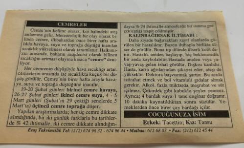 20 Şubat 2006-Orijinal Takvim Yaprağı-Doğum Günü-Söz,Nişan,Nikâh,Düğün ve Önemli Günler Hediyesi-ERAŞ Hizmet Takvimi-Ayet,Hadis (Kasım:105)-Birinci Cemre(Havaya)-Cemreler-Kalınbağırsak İltihabı-Çocuğunuza İsim-Erkek:Tacettin,Kız:Tansu