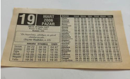 19 Mart 2006-Orijinal Takvim Yaprağı-Doğum Günü-Söz,Nişan,Nikâh,Düğün ve Önemli Günler Hediyesi-ERAŞ Hizmet Takvimi-Ayet,Hadis (Kasım:132)-(Seçme Hadisler,s.11)-Sakın Kesme-Şirk İle Küfür Arasındaki Fark-Çocuğunuza İsim-Erkek:Yiğit,Kız:Yonca