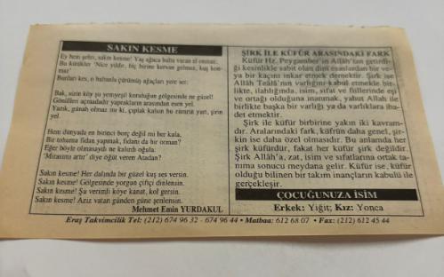 19 Mart 2006-Orijinal Takvim Yaprağı-Doğum Günü-Söz,Nişan,Nikâh,Düğün ve Önemli Günler Hediyesi-ERAŞ Hizmet Takvimi-Ayet,Hadis (Kasım:132)-(Seçme Hadisler,s.11)-Sakın Kesme-Şirk İle Küfür Arasındaki Fark-Çocuğunuza İsim-Erkek:Yiğit,Kız:Yonca