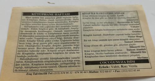 27 Mart 2006-Orijinal Takvim Yaprağı-Doğum Günü-Söz,Nişan,Nikâh,Düğün ve Önemli Günler Hediyesi-ERAŞ Hizmet Takvimi-Ayet,Hadis (Kasım:140)-Dünya Tiyatrolar Günü-Kütüphanecilik Haftası(27 Mart-2 Nisan)-Kütüphane Haftası-Kitap İle İlgili Sözler-Çocuğunuza İsim-Erkek:Vahit,Kız:Verda