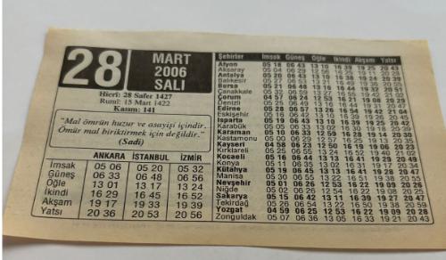 28 Mart 2006-Orijinal Takvim Yaprağı-Doğum Günü-Söz,Nişan,Nikâh,Düğün ve Önemli Günler Hediyesi-ERAŞ Hizmet Takvimi-Ayet,Hadis (Kasım:141)-(Sadi)-Güneş Tutulması-Çocuğunuza İsim-Erkek:Vecdi,Kız:Vesile