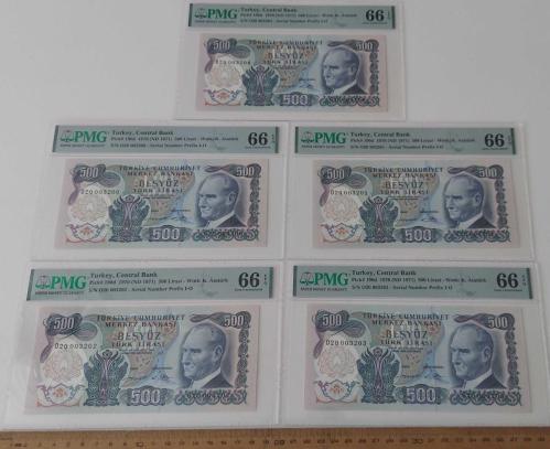 6.EMİSYON 2.TERTİP 500 TÜRK LİRALARI ONAYLI TAKİP SIRALI O20003200-201-202-203-204 SERİ NUMARALI ORİJİNAL KAĞIT PARA NADİR NUMARALI ÇİLL