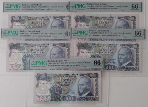6.EMİSYON 2.TERTİP 500 TÜRK LİRALARI ONAYLI TAKİP SIRALI O20003200-201-202-203-204 SERİ NUMARALI ORİJİNAL KAĞIT PARA NADİR NUMARALI ÇİLL