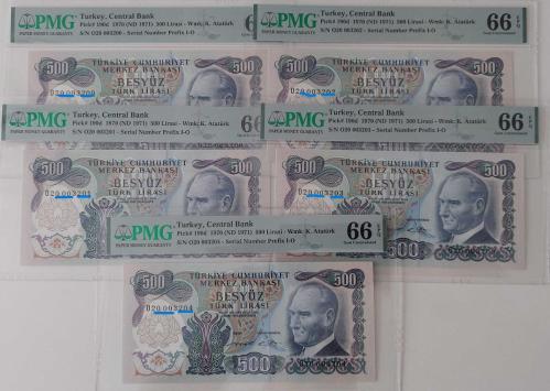 6.EMİSYON 2.TERTİP 500 TÜRK LİRALARI ONAYLI TAKİP SIRALI O20003200-201-202-203-204 SERİ NUMARALI ORİJİNAL KAĞIT PARA NADİR NUMARALI ÇİLL