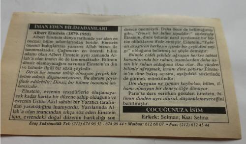 25 Mayıs 2006-Orijinal Takvim Yaprağı-Doğum Günü-Söz,Nişan,Nikâh,Düğün ve Önemli Günler Hediyesi-ERAŞ Hizmet Takvimi-Ayet,Hadis (Hızır:20)-Şura,32-İman Eden Bilimadamları-Çocuğunuza İsim:Erkek:Selman,Kız:Selma