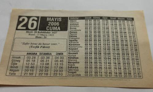 26 Mayıs 2006-Orijinal Takvim Yaprağı-Doğum Günü-Söz,Nişan,Nikâh,Düğün ve Önemli Günler Hediyesi-ERAŞ Hizmet Takvimi-Ayet,Hadis (Hızır:21)-(Tevfik Fikret)-Muhammed Hamdi Yazır-Ölmek Gerekir-Çocuğunuza İsim:Erkek:Semih,Kız:Semiha