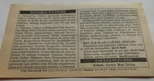 29 Mayıs 2006-Orijinal Takvim Yaprağı-Doğum Günü-Söz,Nişan,Nikâh,Düğün ve Önemli Günler Hediyesi-ERAŞ Hizmet Takvimi-Ayet,Hadis (Hızır:24)-İstanbul'un Fethi'nin 553. Yıl Dönümü(1453)-Koyun Kırkma Zamanı-İstanbul'un Fethi-Bal İle İlgili Güzel Sözler-Çocuğunuza İsim:Erkek:Serdar,Kız:Sertap