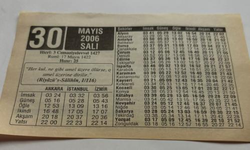 30 Mayıs 2006-Orijinal Takvim Yaprağı-Doğum Günü-Söz,Nişan,Nikâh,Düğün ve Önemli Günler Hediyesi-ERAŞ Hizmet Takvimi-Ayet,Hadis (Hızır:25)-(Riyazü's-Salihin,1/116)-Astım-Çocuğunuza İsim:Erkek:Sergen,Kız:Seren