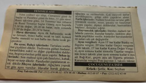 1 Temmuz 2006-Orijinal Takvim Yaprağı-Doğum Günü-Söz,Nişan,Nikâh,Düğün ve Önemli Günler Hediyesi-ERAŞ Hizmet Takvimi-Ayet,Hadis (Hızır:57)-Kabotaj ve Deniz Bayramı Uluslar Arası Nasreddin Hoca Şenlikleri(1-7 Temmuz)-Temmuz Ayı-Çocuğunuza İsim:Erkek:Şefik,Kız:Seyhan