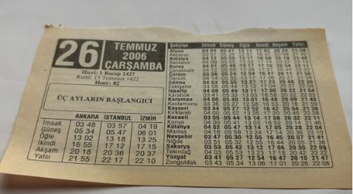 26 Temmuz 2006-Orijinal Takvim Yaprağı-Doğum Günü-Söz,Nişan,Nikâh,Düğün ve Önemli Günler Hediyesi-ERAŞ Hizmet Takvimi-Ayet,Hadis (Hızır:82)-ÜÇ AYLARIN BAŞLANGICI-Üç Aylar-İman Artar Veya Eksilir Mi?-Çocuğunuza İsim:Erkek:Rıdvan,Kız:Rana