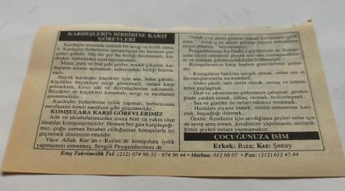 30 Temmuz 2006-Orijinal Takvim Yaprağı-Doğum Günü-Söz,Nişan,Nikâh,Düğün ve Önemli Günler Hediyesi-ERAŞ Hizmet Takvimi-Ayet,Hadis (Hızır:86)-(Bakara,154)-Kardeşlerin Birbirine Karşı Görevleri,Komşulara Karşı Görevlerimiz-Çocuğunuza İsim:Erkek:Rıza,Kız:Şenay