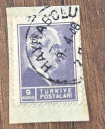 Türk Pulu - Turkish Stamp - Mektup Zarfından Kesilmiş / Postadan Geçmiş Pul Filateli - 1946 DAMGALI - İSMET İNÖNÜ TEMALI PUL, 9 KURUŞ - Türkiye Cumhuriyeti - NOSTALJİK DOĞUM GÜNÜ HEDİYESİ-9 Nisan 1946 Hayrabolu damgalı