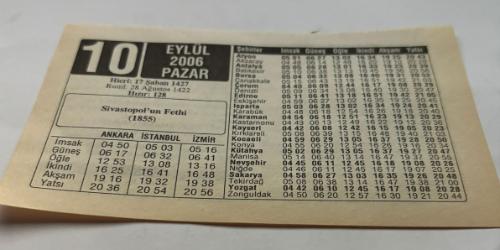 10 Eylül 2006-Orijinal Takvim Yaprağı-Doğum Günü-Söz,Nişan,Nikâh,Düğün ve Önemli Günler Hediyesi-ERAŞ Hizmet Takvimi-Ayet,Hadis (Hızır:128)-Sivastopol'un Fethi(1855)-Evlenilmesi Haram Olanlar-Köpekleri Salıvermişler-Çocuğunuza İsim:Erkek:Murtaza,Kız:Müesser