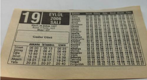 19 Eylül 2006-Orijinal Takvim Yaprağı-Doğum Günü-Söz,Nişan,Nikâh,Düğün ve Önemli Günler Hediyesi-ERAŞ Hizmet Takvimi-Ayet,Hadis (Hızır:137)-Gaziler Günü-Oruç Kimlere Farzdır?-Çocuğunuza İsim:Erkek:Mümtaz,Kız:Munise