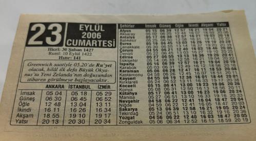 23 Eylül 2006-Orijinal Takvim Yaprağı-Doğum Günü-Söz,Nişan,Nikâh,Düğün ve Önemli Günler Hediyesi-ERAŞ Hizmet Takvimi-Ayet,Hadis (Hızır:141)-Greenwich saatiyle 05.20'de Ru'yet olacak,hilal ilk defa Büyük Okyanus'ta Yeni Zelanda'nın doğusundan itibaren görülmeye başlayacaktır.-Ramazan Hilali-Çocuğunuza İsim:Erkek:Latif,Kız:Latife