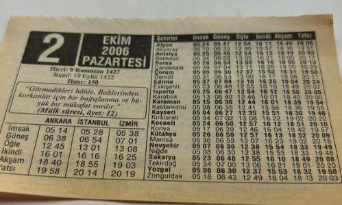 2 Eylül 2006-Orijinal Takvim Yaprağı-Doğum Günü-Söz,Nişan,Nikâh,Düğün ve Önemli Günler Hediyesi-ERAŞ Hizmet Takvimi-Ayet,Hadis (Hızır:150)-(Mülk Suresi,ayet:12)-Dünya Çocuk Günü--Çocuğunuza İsim:Erkek:Nazif,Kız:Nevin