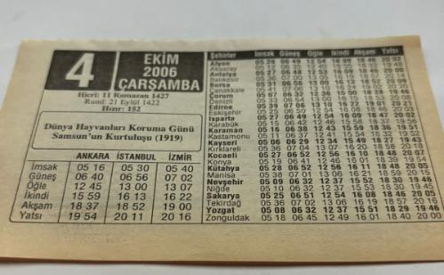 4 Eylül 2006-Orijinal Takvim Yaprağı-Doğum Günü-Söz,Nişan,Nikâh,Düğün ve Önemli Günler Hediyesi-ERAŞ Hizmet Takvimi-Ayet,Hadis (Hızır:152)-Dünya Hayvanları Koruma Günü-Samsun'un Kurtuluşu(1919)-Hayvanları Koruma Günü-Çocuğunuza İsim:Erkek:Nurşad,Kız:Nurhan