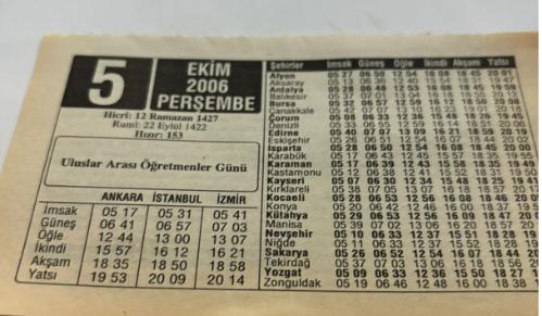 5 Eylül 2006-Orijinal Takvim Yaprağı-Doğum Günü-Söz,Nişan,Nikâh,Düğün ve Önemli Günler Hediyesi-ERAŞ Hizmet Takvimi-Ayet,Hadis (Hızır:153)-Uluslar Arası Öğretmenler Günü-İman Eden Bilim Adamları-Ayakkabılar-Çocuğunuza İsim:Erkek:Nurtaç,Kız:Nurgül