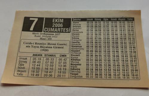 7 Eylül 2006-Orijinal Takvim Yaprağı-Doğum Günü-Söz,Nişan,Nikâh,Düğün ve Önemli Günler Hediyesi-ERAŞ Hizmet Takvimi-Ayet,Hadis (Hızır:155)-Ceride-i Resmiye(Resmi Gazete)'nin Yayın Hayatına Girmesi-Kalp Krizi-Çocuğunuza İsim:Erkek:Nüzhet,Kız:Nurcan