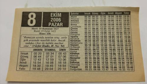 8 Eylül 2006-Orijinal Takvim Yaprağı-Doğum Günü-Söz,Nişan,Nikâh,Düğün ve Önemli Günler Hediyesi-ERAŞ Hizmet Takvimi-Ayet,Hadis (Hızır:156)-(Yüzbir Hadis,h.No.94)-Kalbiniz İçin 9 Öneri-Çocuğunuza İsim:Erkek:Nafi,Kız:Nuran