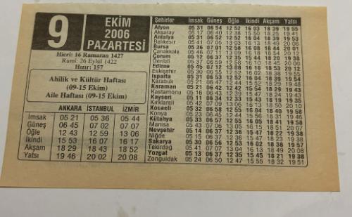 9 Eylül 2006-Orijinal Takvim Yaprağı-Doğum Günü-Söz,Nişan,Nikâh,Düğün ve Önemli Günler Hediyesi-ERAŞ Hizmet Takvimi-Ayet,Hadis (Hızır:157)-Ahilik ve Kültür Haftası(09-15 Ekim)-Aile Haftası(09-15 Ekim)-Alkol Beyni Küçültüyor-Ben Yazmadım-Çocuğunuza İsim:Erkek:Naşit,Kız:Nilgün