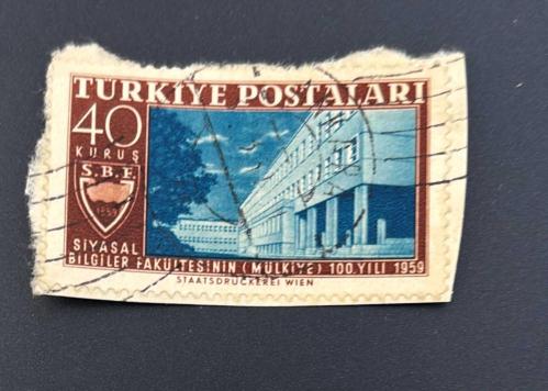Türk Pulu - Turkish Stamp -Mektup Zarfından Kesilmiş /Postadan Geçmiş Pul Filateli - Damgalı -  SİYASAL BİLGİLER FAKÜLTESİNİN ( MÜLKİYE) 100.YILI 1959,  TEMALI PUL, 40 KURUŞ - Türkiye Cumhuriyeti - NOSTALJİK DOĞUM GÜNÜ HEDİYESİ