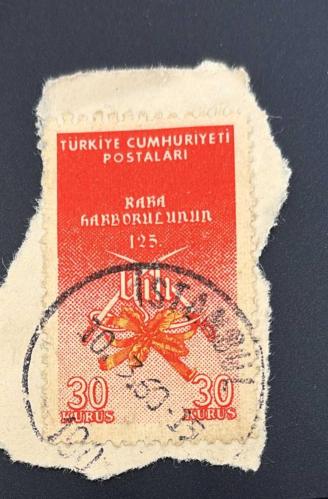Türk Pulu - Turkish Stamp -Mektup Zarfından Kesilmiş /Postadan Geçmiş Pul Filateli - İstanbul 1960 Damgalı - KARA HARB OKULUNUN 125. YILI TEMALI PUL, 30 KURUŞ - Türkiye Cumhuriyeti - NOSTALJİK DOĞUM GÜNÜ HEDİYESİ
