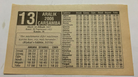13 Aralık 2006-Orijinal Takvim Yaprağı-Doğum Günü-Söz,Nişan,Nikâh,Düğün ve Önemli Günler Hediyesi-ERAŞ Hizmet Takvimi-Ayet,Hadis (Kasım:36)-(Riyazü's-Salihin,3/1556)-Selenyumun Yararları-Çocuğunuza İsim:Erkek:Engin,Kız:Ezgi