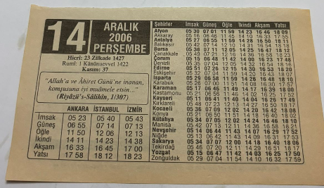 14 Aralık 2006-Orijinal Takvim Yaprağı-Doğum Günü-Söz,Nişan,Nikâh,Düğün ve Önemli Günler Hediyesi-ERAŞ Hizmet Takvimi-Ayet,Hadis (Kasım:37)-(Riyazü's-Salihin,1/307)-Hac Kimlere ve Ne Zaman Farzdır-Haccın Edasının Şartları-Çocuğunuza İsim:Erkek:Emre,Kız:Ebru
